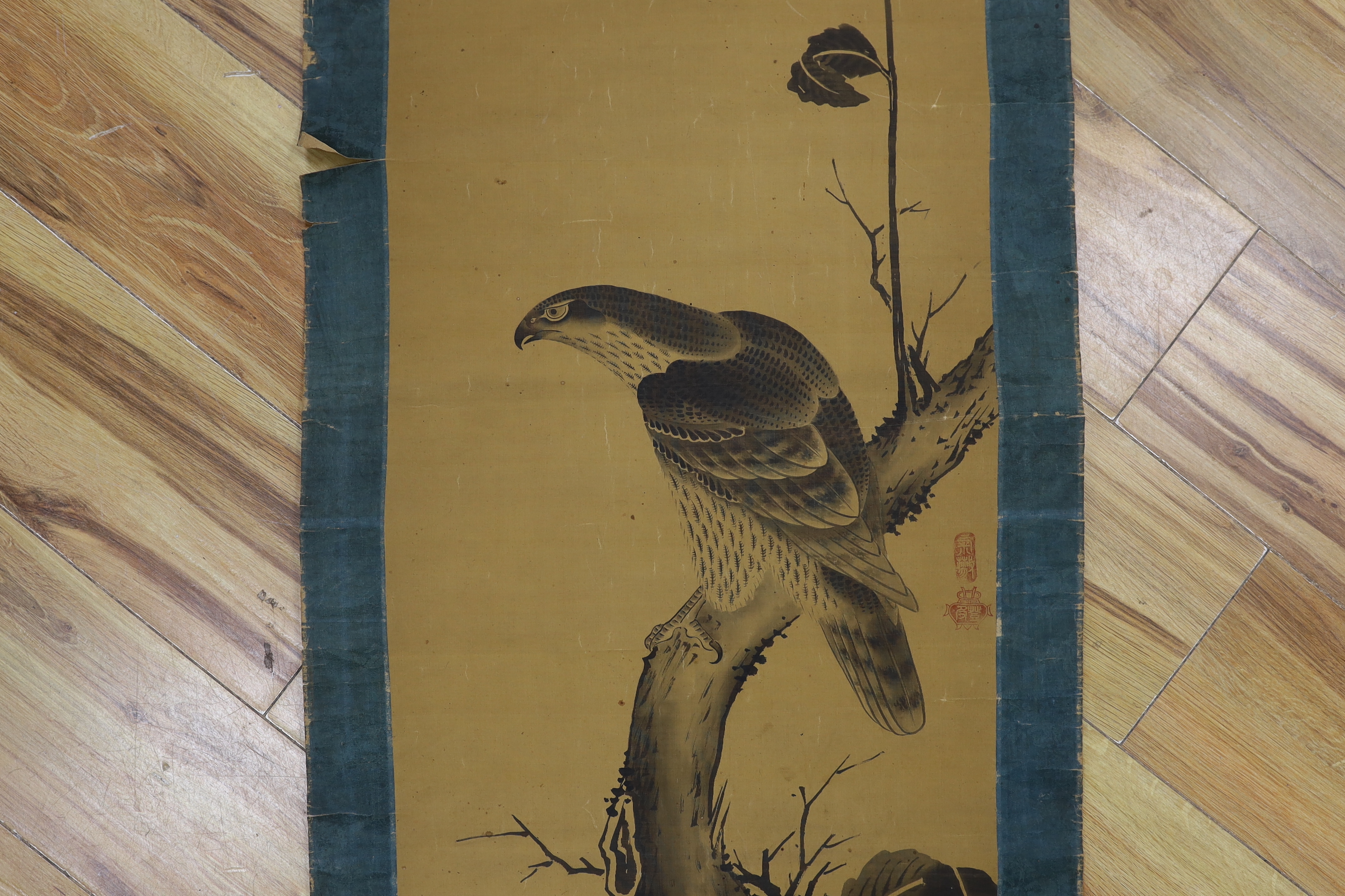 A 20th century scroll painting of a harbour scene and a Japanese scroll painting of a bird of prey, longest 165cm